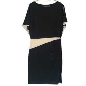 Ralph Lauren Black and Cream Asymmetrical Sheath Dress with Flutter Sleeves